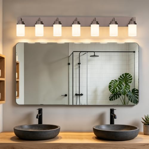 Image of Bathroom Light Fixtures, Oil Rubbed Bronze Bathroom Lighting Fixtures Over Mirror, Modern Vanity Light with White Glass Shade, Restroom Lighting Fixtures, 7-Light 54-inch