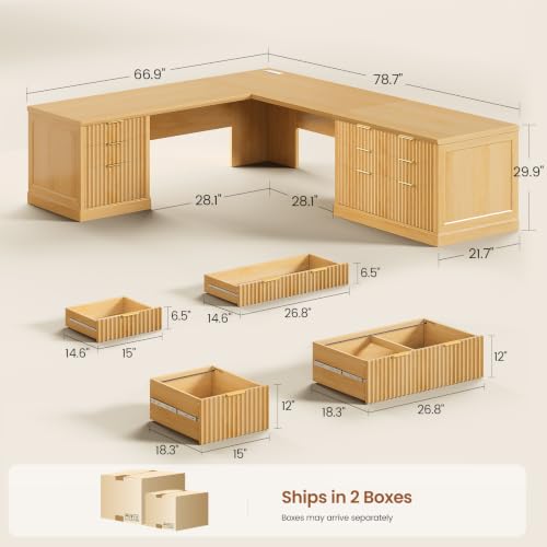 Image of SEDETA Fluted 78.8 inch L Shaped Desk with 6 Drawers, Fluted Oak | Home Office Desk with Power Outlet, File Cabinet Storage, Wood Corner Computer Desk for Work and Study