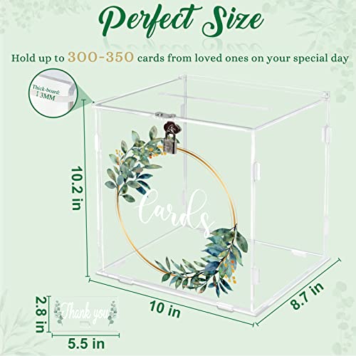 Image of OurWarm Clear Acrylic Card Box with Lock & Slot, Thick DIY Wedding Card Box for Wedding Reception, Large Money Gift Box Eucalyptus Graduation Card Box for Party Graduation Birthday Baby Shower
