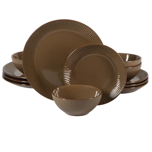 Image of Gibson Home Plates and Bowls Set, 12 Piece Dinnerware Set for 4, Brown