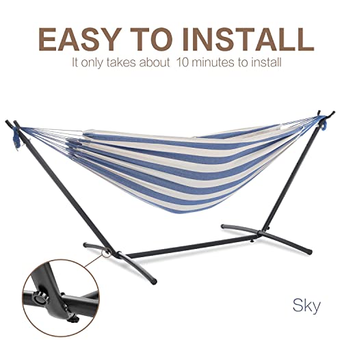Image of PNAEUT Double Hammocks with Stand for Outside, Portable Space Saving Heavy-Duty Steel Stand for Indoor Outdoor Patio with Carrying Bag, 450 lbs Capacity (Sky)