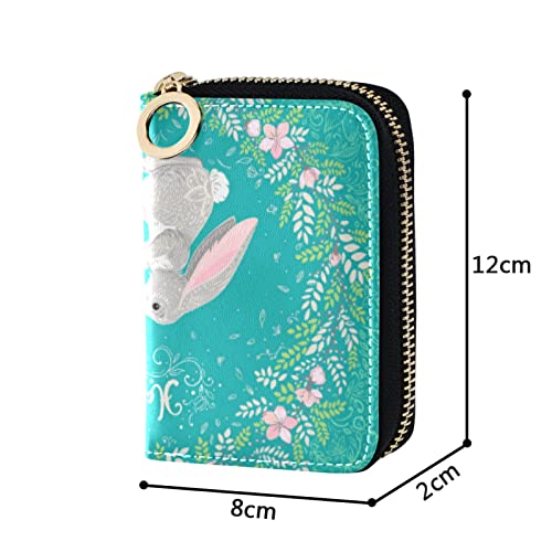 Happy Easter Two Hares, Floral Wreath, Floral Ornament on TurquoiseGrey Credit Card Coin wallet, RFID Blocking Compact Women Leather Card Holder, Key Change Organizer, Zipper Purse Clutch Pouch4