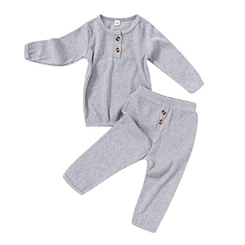 Toddler Kids Baby Boys Girls Outfits Set Solid Color/Stripe Long Sleeve Shirt Tops And Pants 2Pcs Casual Clothes(12-18 Months, Gray)