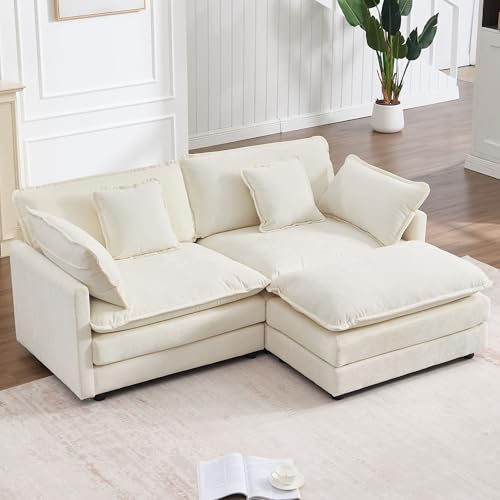 GNIXUU 76.7' Loveseat Sofa with Ottoman, Chenille Modern Cloud Love Seat Couch with Deep Seat, Luxury Modular L-Shaped Couches for Living Room Bedroom Apartment, Small Place(Beige White).