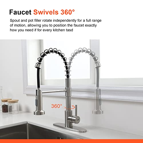 Ibergrif Kitchen Faucet With Pull Down Sprayer, Brushed Nickel Kitchen Faucet, Commercial Spring Single Handle 304 Stainless Steel Kitchen Faucet, Faucet For Laundry Bar And Rv With Deck Plate #TOP4