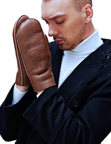YISEVEN Men's Shearling Sheepskin Leather Gloves Mittens Lambskin Thick Fur Warm Wool Lined for Winter Cold Weather Dress Driving Work Gifts, Cognac Size Medium