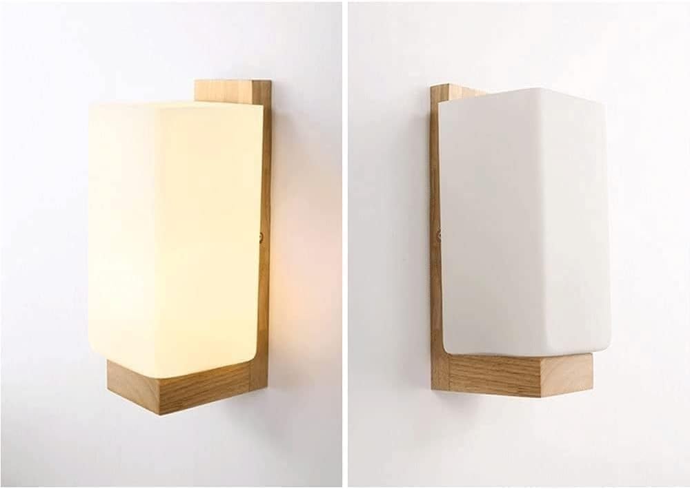 Lampada da parete in legno in stile giapponese, paralume in vetro bianco latte, base E26/E27, lampada da parete per camera da letto, studio, portico, corridoio