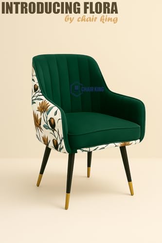 Image of Designer Accent Chair with Floral Printed Back & Footstool | Velvet Lounge Chair for Living Room, Makeup Vanity & Bedroom. (Green Floral Set)