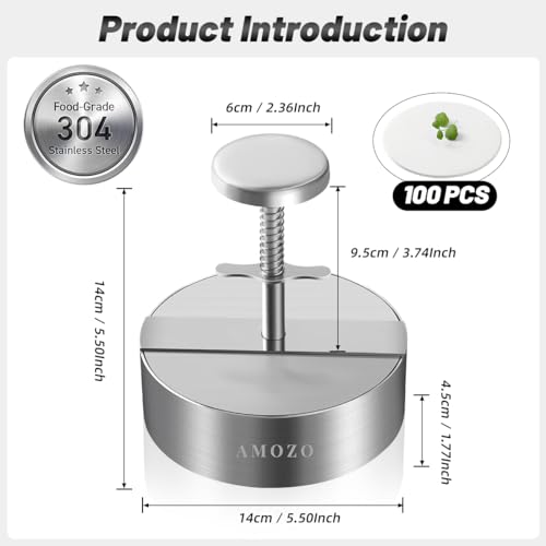 AMOZO Burger Press Patty Maker with 100-Sheet Baking Paper, Stainless Steel Grill Burger Smasher Hamburger Patty Maker,Pattie Maker Shaper, Non-Stick Patty Press for Burger Lovers.(5.5 Inch) by AMOZO - Image 3