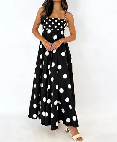 Image of NUFIWI Women Summer Striped Maxi Dress Spaghetti Strap Cutout Ruffle Long Dress Flowy Swing Beach Vocation Dress