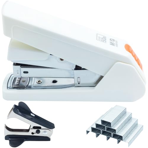Image of M&G Effortless Stapler 50 Sheet Capacity One-Touch Stapling, Heavy Duty Desktop Stapler Includes 1000 Staples and Remover, Portable Handheld Staplers for Home & Office (White)