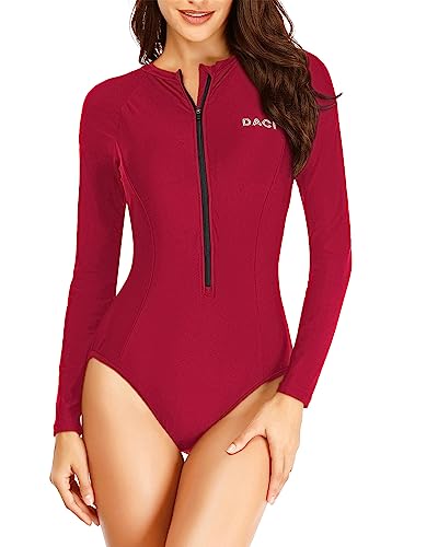 Daci Women Red Rash Guard Long Sleeve One Piece Swimsuit Zipper Surfing Bathing Suit Upf 50 M #TOP6