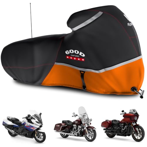 Image of Motorcycle Cover 600D Waterproof for Touring Models Harley Davidson Road King,Road Glide,Street Glide, Electra Glide,Low Rider-ST Indoor & Outdoor Storage Black /Orange