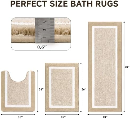 Pauwer 3-Piece Bathroom Rugs Set, Ultra Soft Non-Slip Microfiber Shaggy Bath Mats, Beige, 18"x26", 18"x48", U20 x24