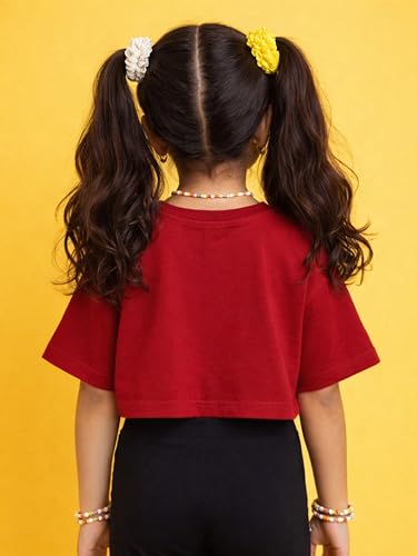 Image of KiddoPanti Girls 100% Cotton Solid Drop Shoulder Half Sleeve Round Neck Crop Tee