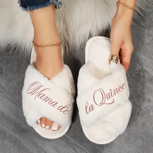 Cute Personalized Fluffy Slippers for Quinceanera, Mis Quince Slippers, Quinceanera Gifts, Mama de la Quince Slippers, Quince Squad Slippers4