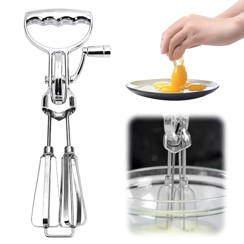Schneeschläger Drehbarer Schaumschläger - 31cm - Doppelkopf Handmixer mit Kurbel, Handrührgerät aus Edelstahl, Handmixer Manuell Ohne Strom, Halbautomatischer Schneebesen für Sahne und Eischnee