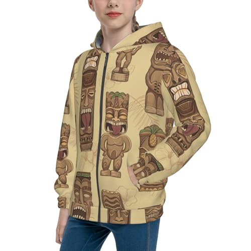 Wooden Tiki Idols Kids Pullover Hoodies Boys Zip Up Sweatshirts Girls Athletic Clothes with Pocket