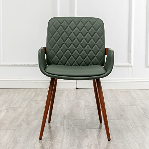 Lunling Mid Century Modern Dining Chairs Set Of 2 Accent Faux Leather Chair Bentwood Frame With Armrest,Upholstered Seat,Metal Legs,Adjustable Foot For Kitchen Dining Room Desk Chairs(Green #TOP2