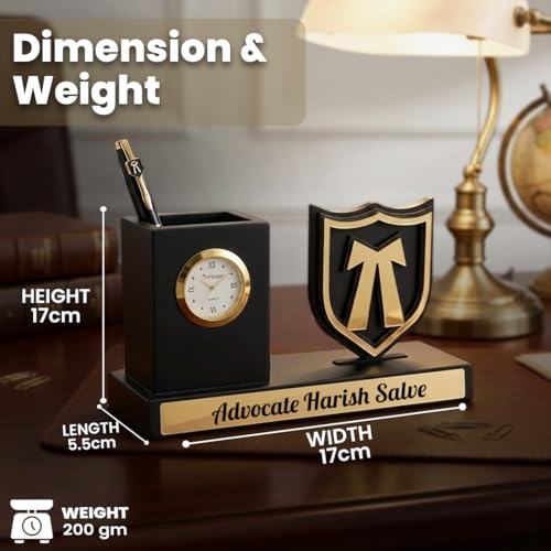 Image of Giftana 2 in 1 Personalized Advocate Pen Stand with Advocate Pen Gift Set for Men and Women, Wooden Desk Organizer with Advocate Emblem with Table Clock, Customised Corporate Gift Set for Employee
