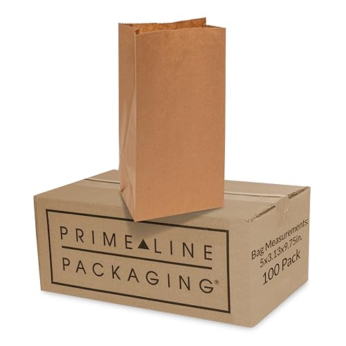 Prime Line Packaging Disposable Kraft Paper Bags, Brown Lunch Bags Small for Takeout Goodies, Groceries, Snacks & Treats, Party Favors, Bulk, 5x3.13x9.75 (4LB)