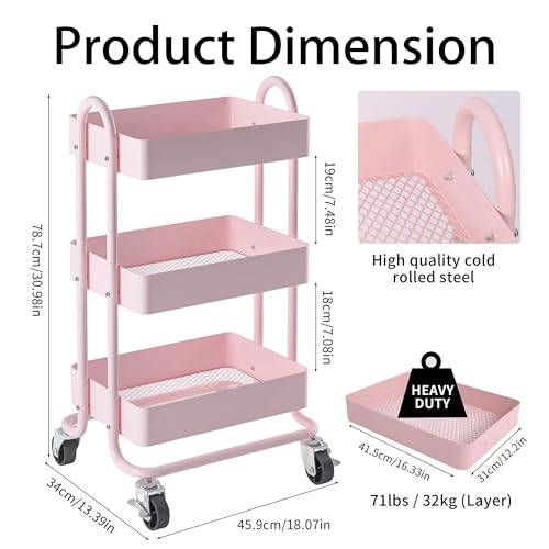 Elitehouse 3-Tier Utility Rolling Cart,Kitchen Storage Carts with Wheels,Pink Metal Rolling Cart for Office,Home,Kitchen,Garden（13.4\"x18.1\"x31\"） Pink - Thumbnail 3