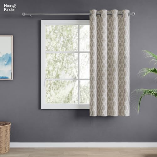 Image of haus & kinder Jacquard Window Curtain 5 Feet Long Pack of 1 Window Curtain, 5 Feet Curtain for Window (Stonehaven, Stone Classic Damask Design 130x152 CM)
