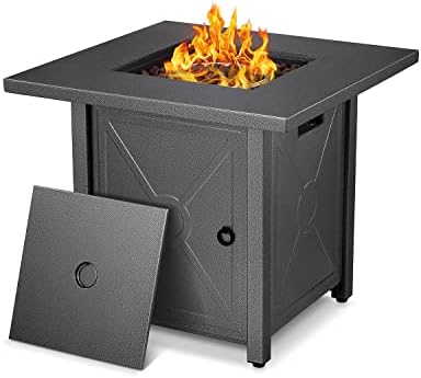 Xbeauty Propane Fire Pit Table, 28" Outdoor Gas Fire Pit Table, 40,000 BTU Auto-Ignition Fire Tables with Lid, Rain Cover and 3 Pounds Lava Stones for Outside Garden Backyard Deck Patio (Square)