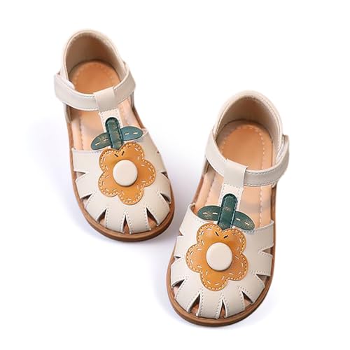Image of Toddler Girl Sandals with Flower, Breathable Leather kids Closed Toe Sandals, Soft Rubber Non-Slip Summer Shoes for Little Girls 2-7 Years