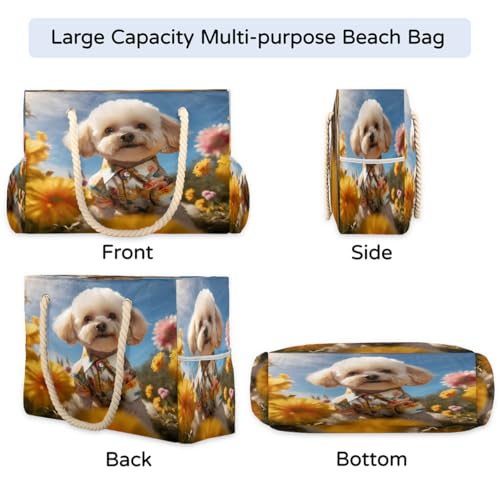 Pet Dog Flower Women's Large Beach Bag Waterproof and Sand-proof Canvas Tote Lightweight Shoulder Bag Suitable for Pool Beach Travel Holiday Gym Yoga Care4