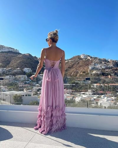 V-Neck Long Bridesmaid Dresses with Slit Chiffon Ruffles Spaghetti Straps Corset Pleated Formal Maxi Dress2