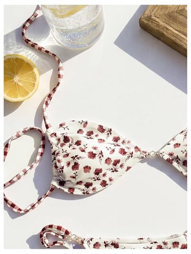 Image of RoseSeek Women's Floral Print Cheeky Bikini Sets Pearl Decor Halter Triangle High Cut String Thong Swimsuits