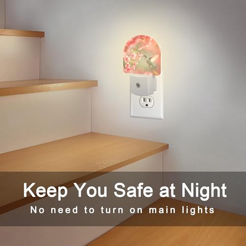 Image of Hummingbird with Cherry Blossoms Night Light Plug into Wall, Pink Flowers Bird Dusk to Dawn Night Light,0.5w Energy Saving Sleep Friendly Nightlight for Kids Boys Girls Home