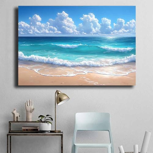 Tableau vague turquoise et plage de sable pour décoration murale côtière 70x100cm