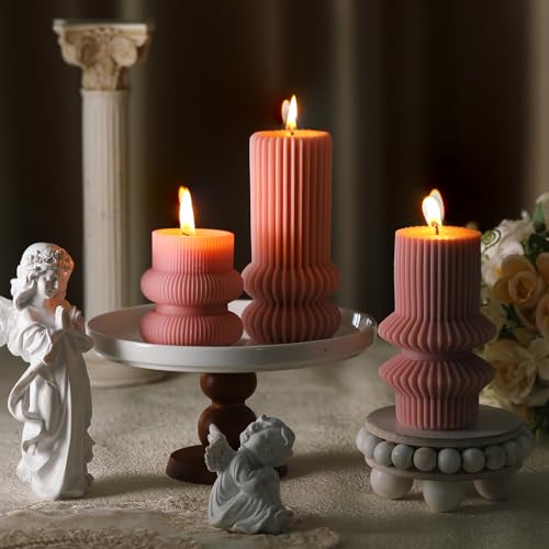 MTLEE 3 Pcs 4.7, 4.2, 3.2 in Height, Small Ribbed Pillar Candles Scented Aesthetic Modern Decorative Soy Wax Candles for Wedding Dinner Christmas Home Decor(Pink)