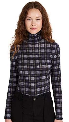 Vince Womens Plaid Printed L/S Turtleneck, Coastal, Medium at