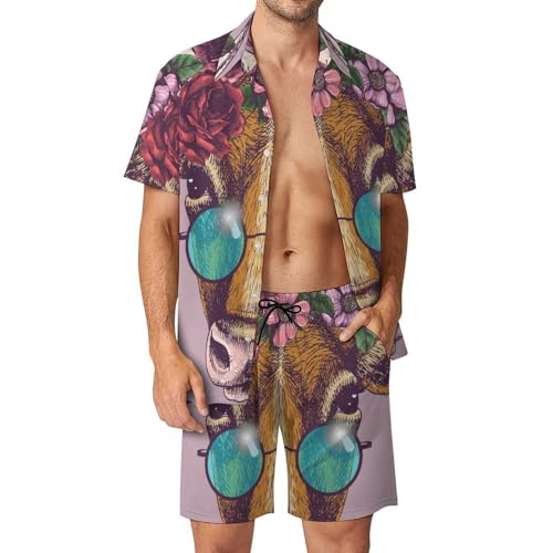 Chemise Hawaïenne Vache Fleur et Short Homme | Ensemble de Plage Été 2 Pièces Taille S