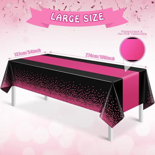 Image of 6Pcs Black Hot Pink Tablecloth Party Decorations,Plastic Black Table Cloth Printed Hot Pink Table Runner Disposable Rectangle Cover for Birthday Wedding Anniversary Graduation Party,54x108 Inch