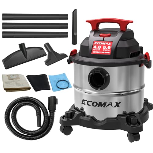 Wet Dry Vac 5 Gallon, 4 Peak HP, Portable Stainless Steel Shop Vacuum Wet/Dry with Powerful Suction-85 CFM, 3-in-1 Wet/Dry/Blow, Shop Vacuum for Home, Workshop, Jobsite, EM18115
