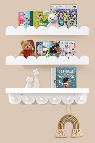 Image of Iswabard Floating Nursery Book Shelves with Hooks-Scalloped Wall Book Shelves for Bedroom Kids Set of 3, Nursery Furniture Must Have, 16 Inch, White