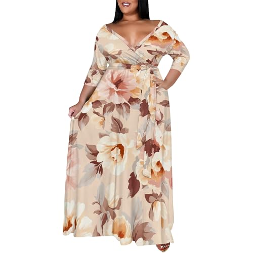 Image of SUZONANA Plus Size Maxi Dresses for Curcy Women Casual Loose 3 /4 Sleeve Long Dress with Belt