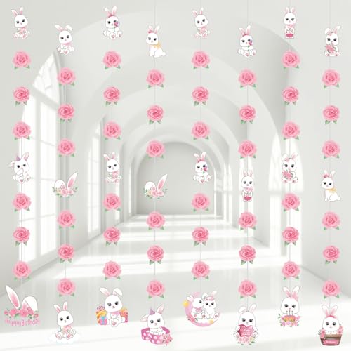 Daifunli イースターバニー 誕生日パーティーデコレーション バニー 誕生日 吊り下げ ガーランド バナー ピンク ローズ ホワイト ラビット ペーパー 切り抜き ストリーマー 女の子用 壁 天井 装飾 ウサギ パーティー用品 8個（Amazon）