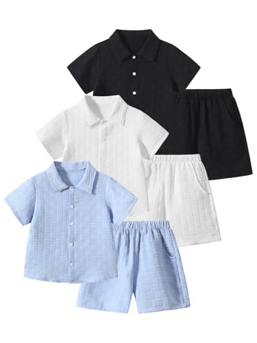 Image of Boys 6 Pieces Summer Beach Outfits Short Sleeve Button Down Shirts and Shorts Vacation Texture Sets for Kids