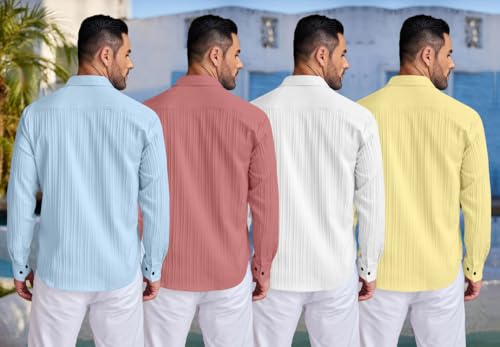 Image of FINIVO FASHION Combo of Men's Casual Cotton Plain Button Down Shirt Long Sleeve Textured Summer Beach Shirt for Men Pack of 4