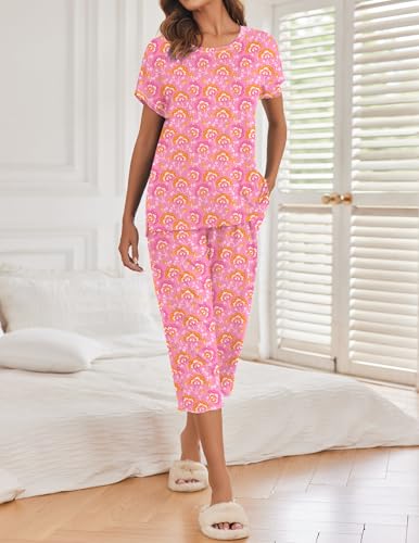 Image of Ekouaer 2 Pack Womens Pajamas Sets Short Sleeve Tops and Capri Pants Pjs Colorful Printed Sleepwear Sets