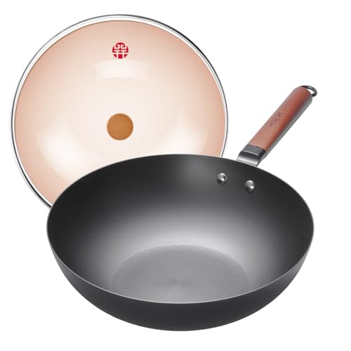 WANGYUANJI 12.6' Carbon Steel Wok Pan with Lid, Lightweight Stir Fry Pan with Flat Bottom, Induction...