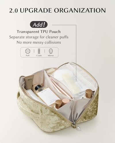 Image of EACHY Travel Makeup Bag, Large Capacity Cosmetic Bag for Women, Waterproof PU Leather, Flat Open Portable Toiletry Bag for Skincare, Brushes & Travel Essentials