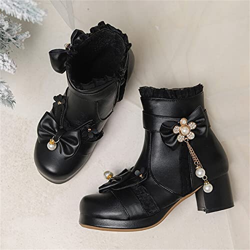 Cute Block Heels Booties for Women 2025 Lolita Kawaii Chunky Short Ankle Boots Sweet Lace Bowknot Dressy Shoes3