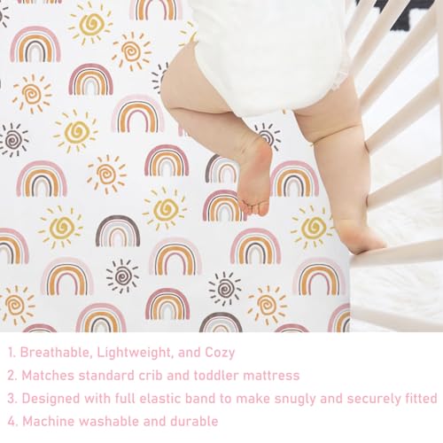 Image of Boho Sunshine Rainbow Baby Crib Sheets 52''x28'' Colorful Rainbow Sun Stretchy Fitted Crib Mattress Cover for Boy Girl Soft Baby Nursery Bed Sheet for Standard Crib and Toddler Mattresses