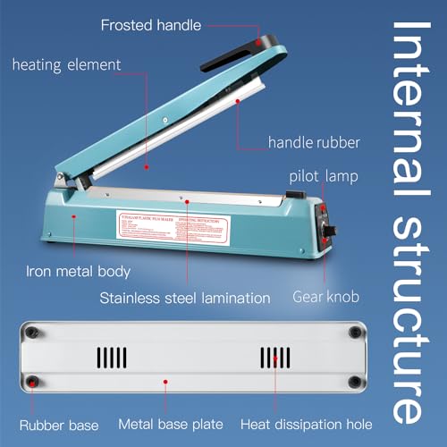 Metal body,Impulse Heat Sealer Manual Bags Sealer Heat Sealing Machine 8 Inch Impulse Sealer Machine for Plastic Bags PE PP Bags with Extra Replace Element Grip
